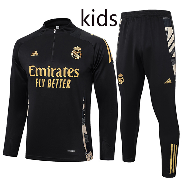 Real madrid tracksuit kids kit soccer pants suit sports set zipper necked cleats youth uniform children football mini training black gold kit 2024-2025