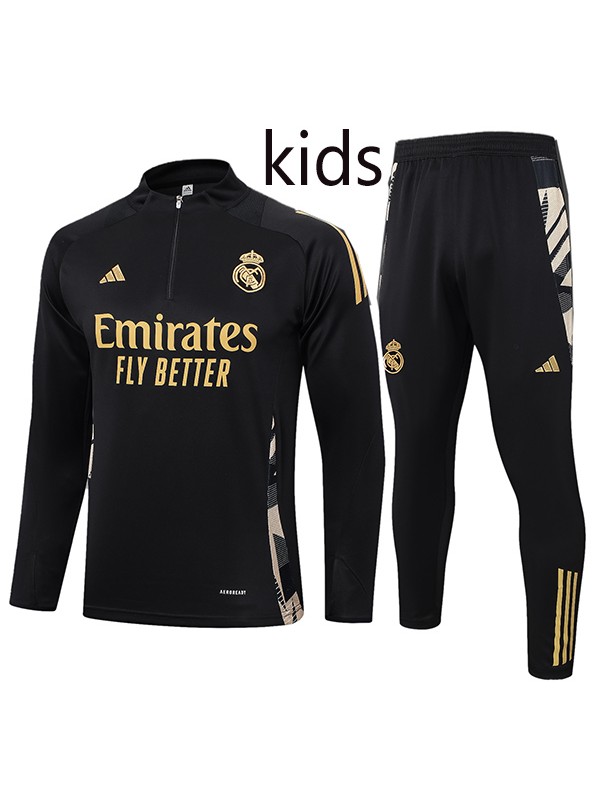 Real madrid tracksuit kids kit soccer pants suit sports set zipper necked cleats youth uniform children football mini training black gold kit 2024-2025