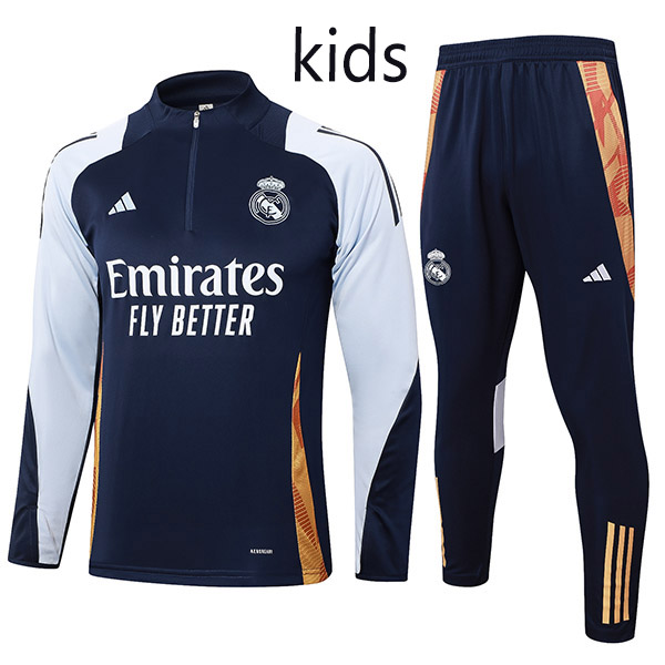 Real madrid tracksuit kids kit soccer pants suit sports set zipper necked cleats youth uniform children football mini training navy white kit 2024-2025