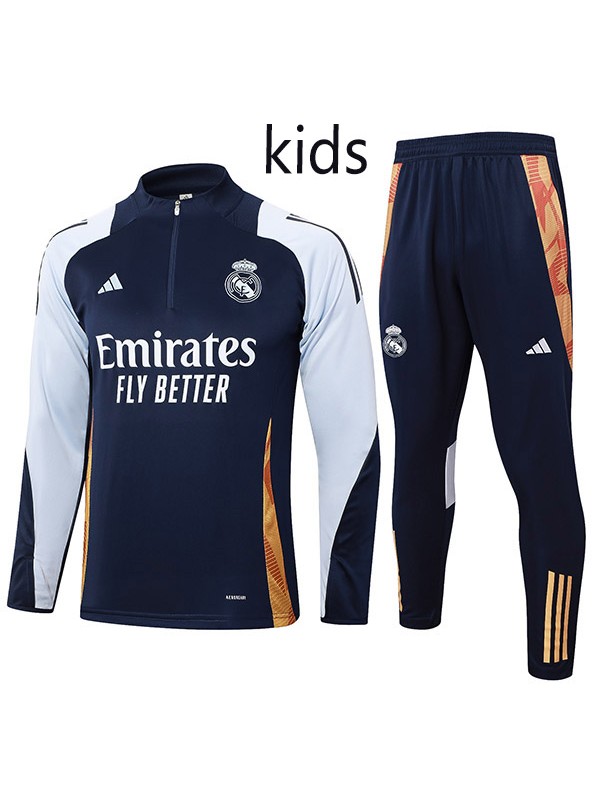 Real madrid tracksuit kids kit soccer pants suit sports set zipper necked cleats youth uniform children football mini training navy white kit 2024-2025