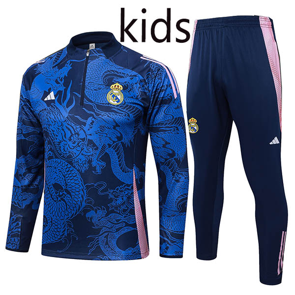 Real madrid tracksuit kids kit soccer pants suit sports set zipper necked cleats youth uniform children football mini training navy dragon kit 2024-2025