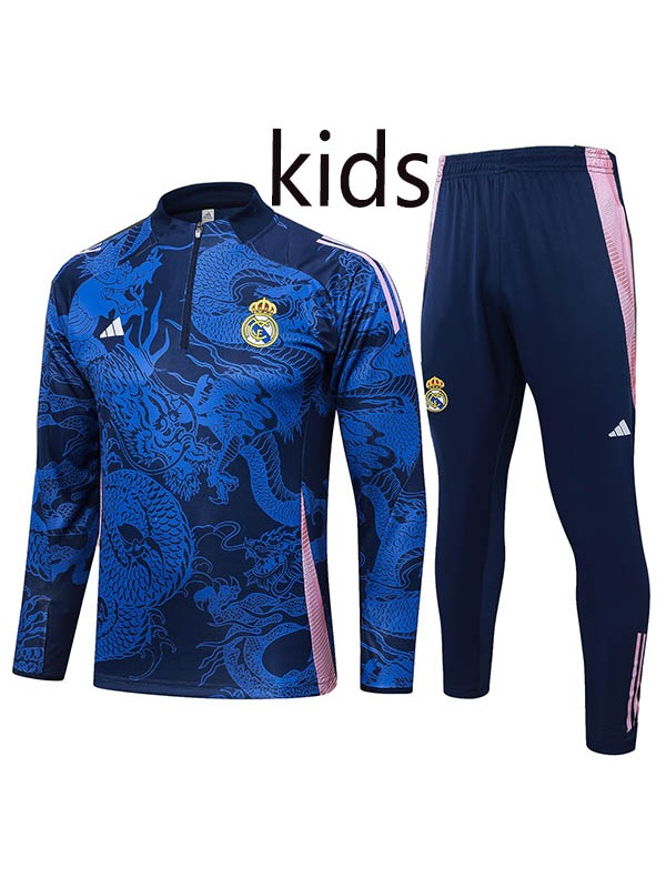 Real madrid tracksuit kids kit soccer pants suit sports set zipper necked cleats youth uniform children football mini training navy dragon kit 2024-2025