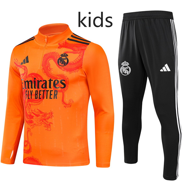 Real madrid tracksuit kids kit soccer pants suit sports set zipper necked cleats youth uniform children football mini training orange dragon black kit 2024-2025