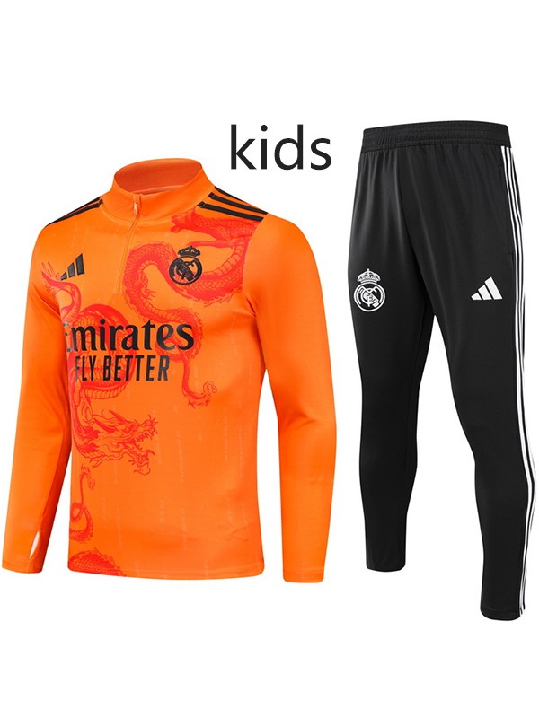 Real madrid tracksuit kids kit soccer pants suit sports set zipper necked cleats youth uniform children football mini training orange dragon black kit 2024-2025