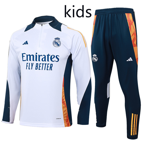 Real madrid tracksuit kids kit soccer pants suit sports set zipper necked cleats youth uniform children football mini training white navy kit 2024-2025