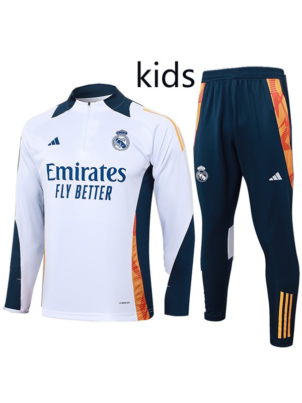 Real madrid tracksuit kids kit soccer pants suit sports set zipper necked cleats youth uniform children football mini training white navy kit 2024-2025