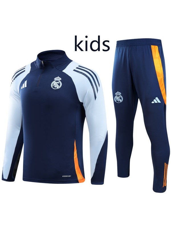 Real madrid survêtement enfants kit football pantalon costume ensemble de sport fermeture éclair col bleu marine bleu ciel crampons jeunesse uniforme enfants football mini kit d'entraînement 2024-2025