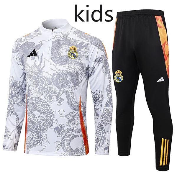 Real madrid tracksuit kids kit soccer pants suit sports set zipper necked white black cleats youth uniform children football mini training kit 2024-2025