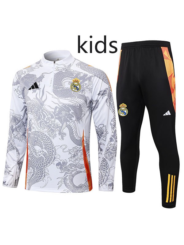 Real madrid tracksuit kids kit soccer pants suit sports set zipper necked white black cleats youth uniform children football mini training kit 2024-2025