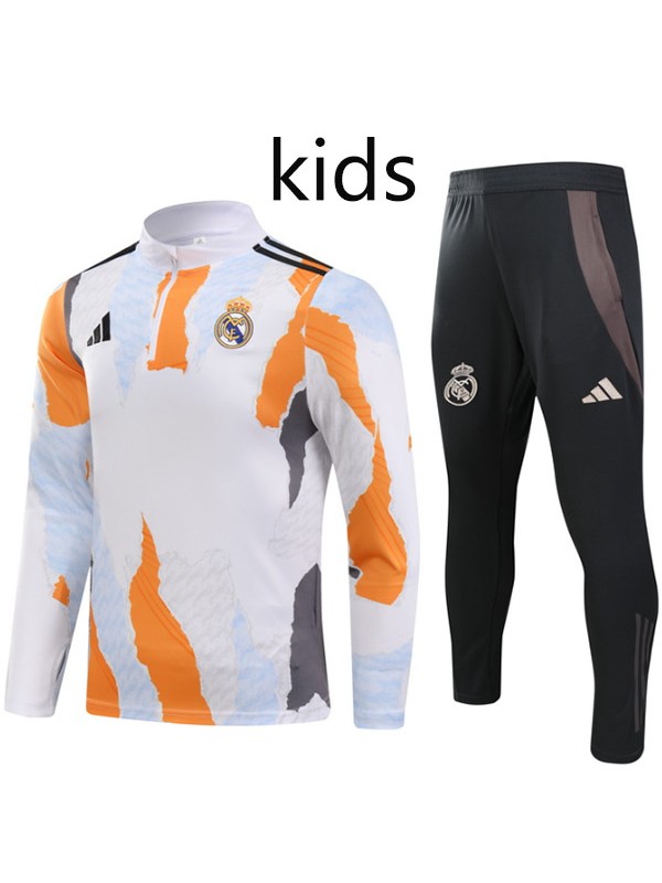 Real madrid survêtement enfants kit football pantalon costume ensemble de sport fermeture éclair col blanc orange crampons jeunesse uniforme enfants football mini kit d'entraînement 2024-2025