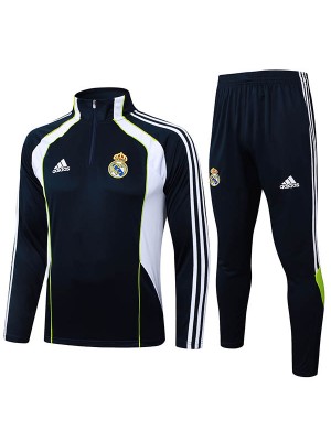 Real madrid survêtement de football pantalon, ensemble de sport bleu sarcelle col demi-zip uniforme vêtements pour hommes kit d'entraînement de football 2025-2026