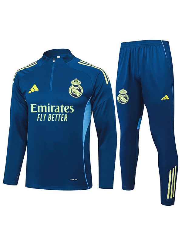 Real madrid survêtement de football pantalon, ensemble de sport bleu sarcelle, demi-fermeture éclair col uniforme vêtements pour hommes kit d'entraînement de football 2025-2026