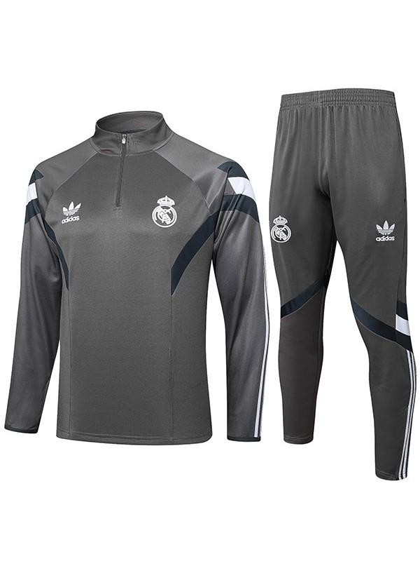 Real madrid survêtement de football ensemble de sport col zippé uniforme gris vêtements pour hommes kit d'entraînement de football 2024-2025